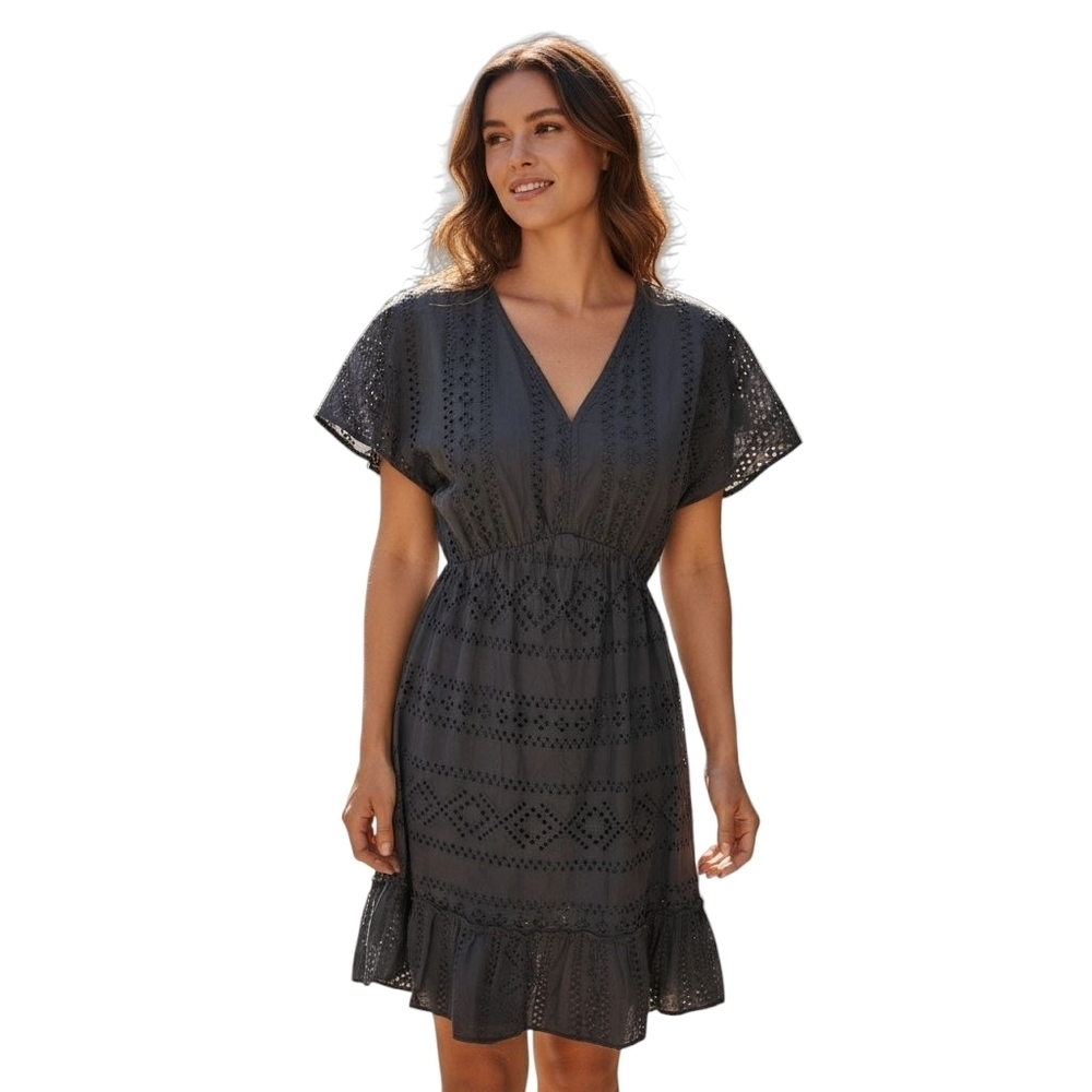 Valentina Naldi Eyelet Baby Doll Dress Size L Black Ruffle Italy Y2K Whimsigoth